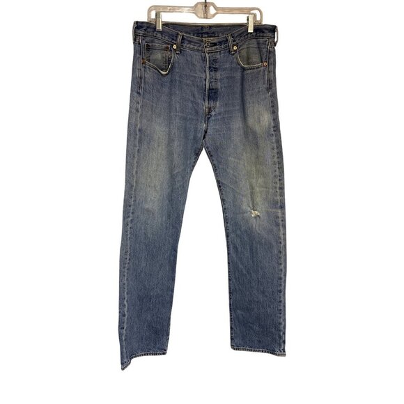 Levis Mens Light Wash Button-Fly Distressed Straight-Leg Jeans - Picture 1 of 9